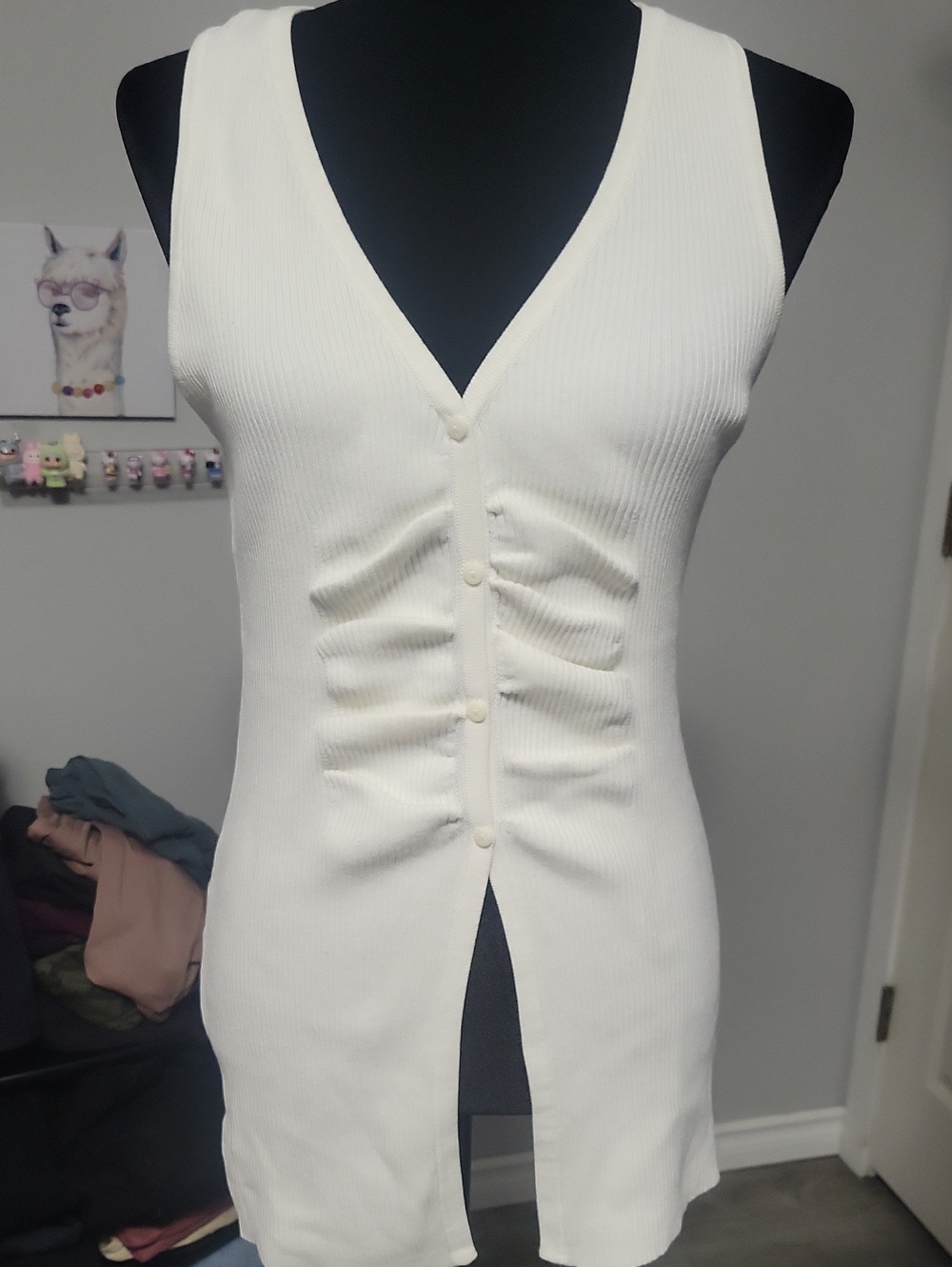 Forever 21 XL Cream Ribbed Ruched Button-Front Flyaway Top Vest NWT
